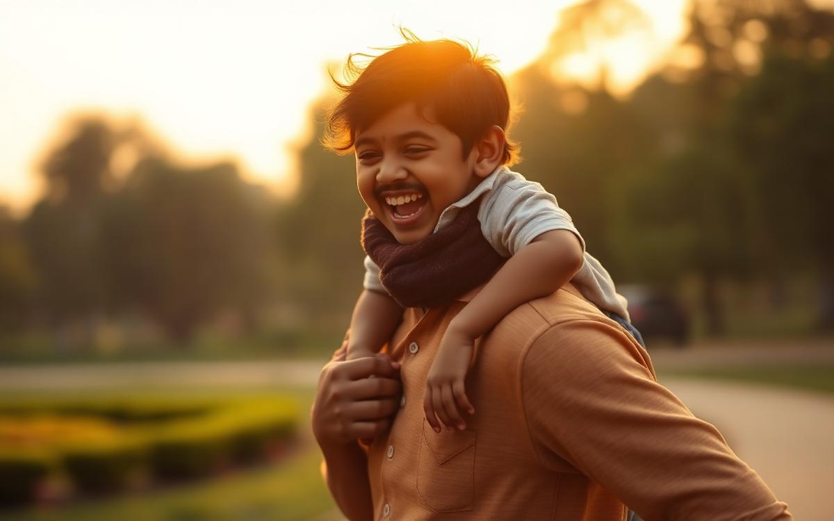 A father carrying his laughing child on his shoulders at golden hour