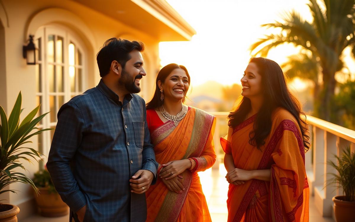 A family laughing together on the sunlit terrace of their home