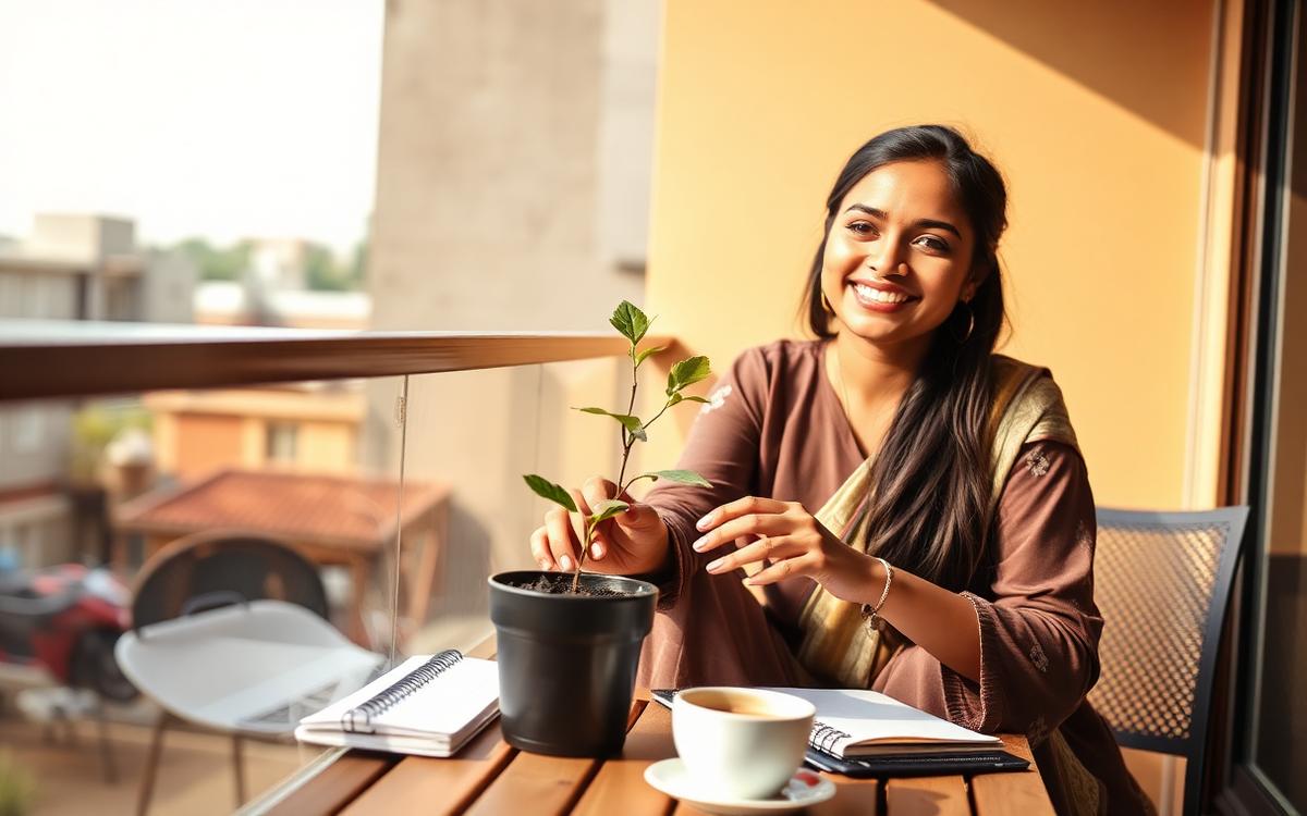 A young woman smiling while planting a small sapling on her sunny balcony