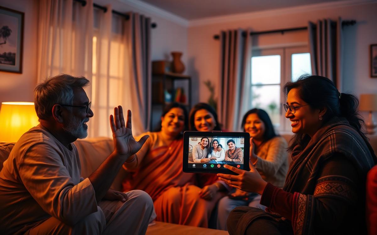 A family video calling their relatives abroad from their living room