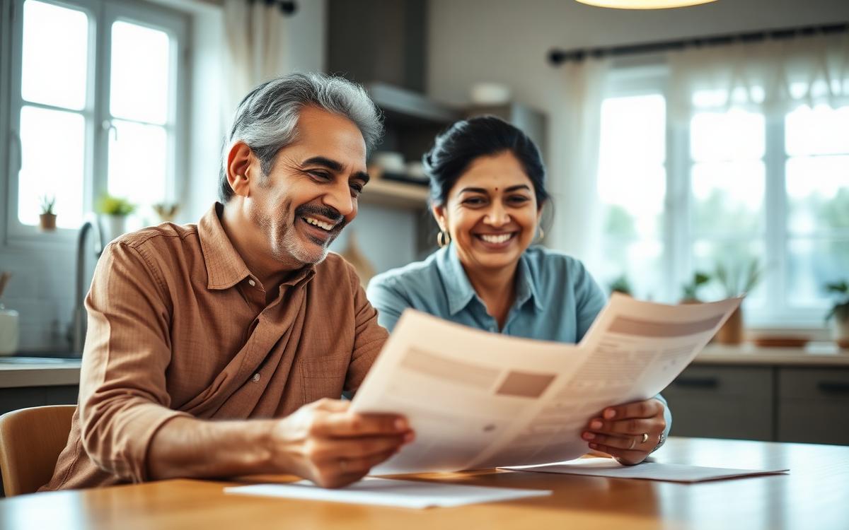 A couple smiling as they review their financial papers together at home