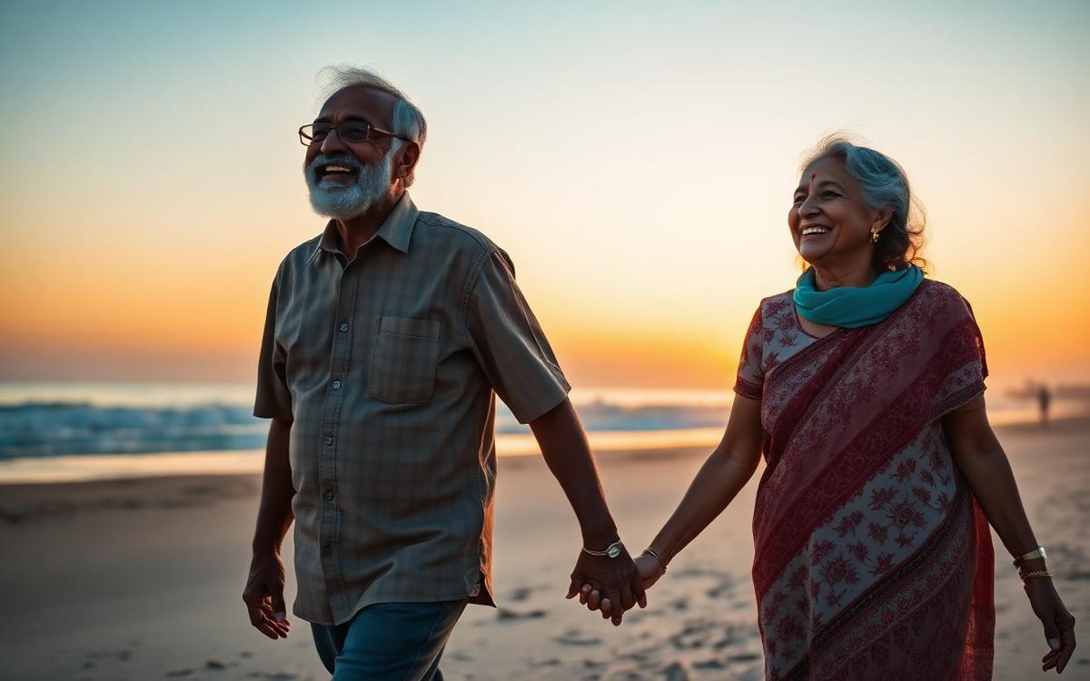 A retired couple walking hand in hand along a beach at sunset