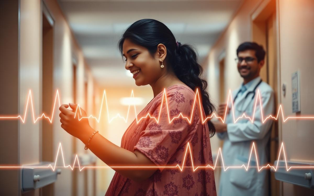 A mother with her child at a hospital, with a glowing heartbeat ECG line across the image