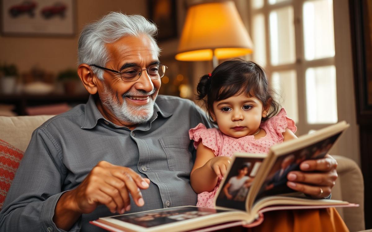 A grandfather and his granddaughter looking through an old family photo album