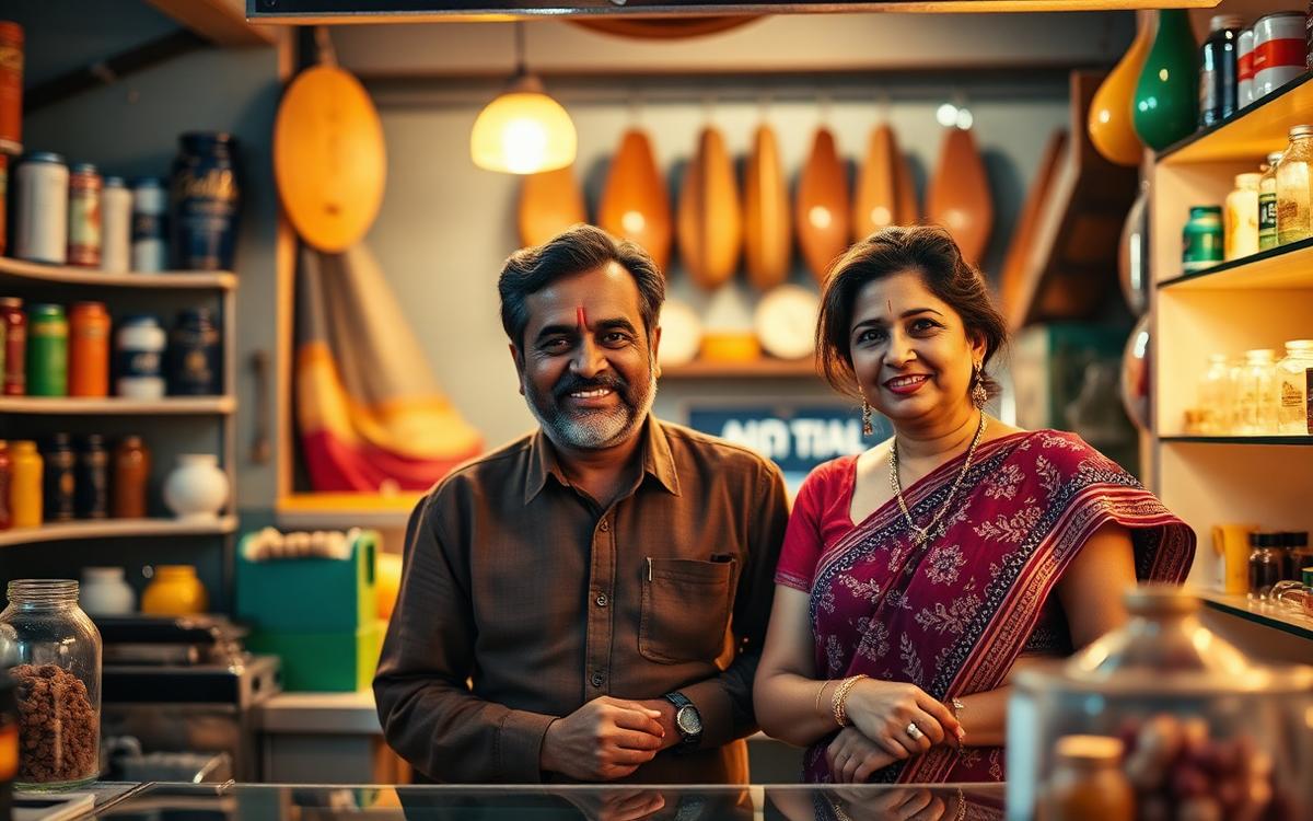 Husband and wife smiling proudly behind the counter of their small family shop